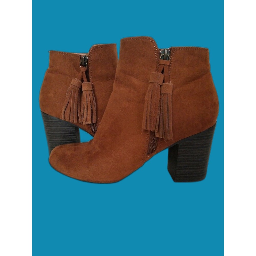 ESPRIT Brown Suede Ankle Boots Zip Up With Tassels Block Heels Excellent Size 9